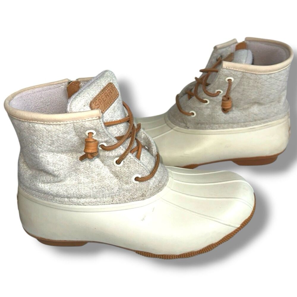 Sperry Saltwater Women Duck Boots Embossed Wool Ivory Size 8.5W STS82473 Rain